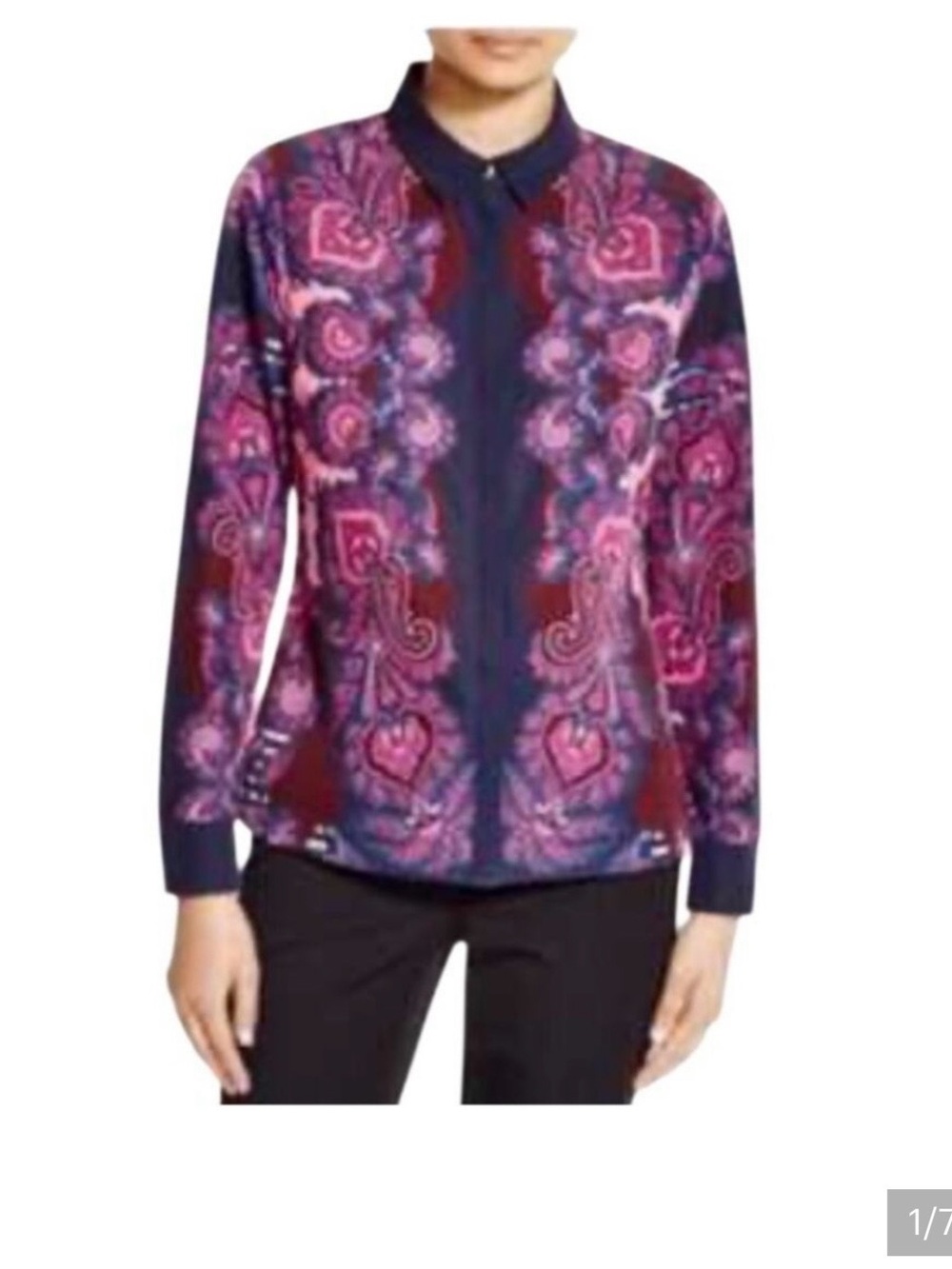 TED BAKER LONDON  Ukia Paisley Print Button-Up Blouse in Pink and Navy size 0